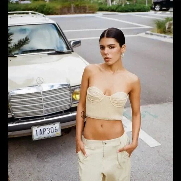 Zara Bustier Crop Top MEDIUM Beige Linen Blend Wire Corset Sweetheart Smocked - Picture 3 of 14